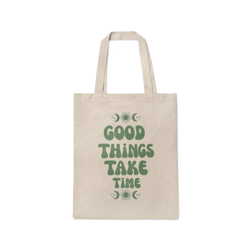 Tote bag vintage Good Things Take Time avec soleil et lunes
